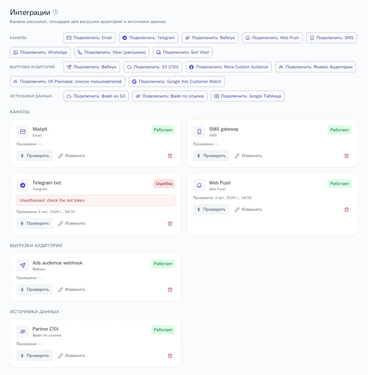 Интеграции каналов