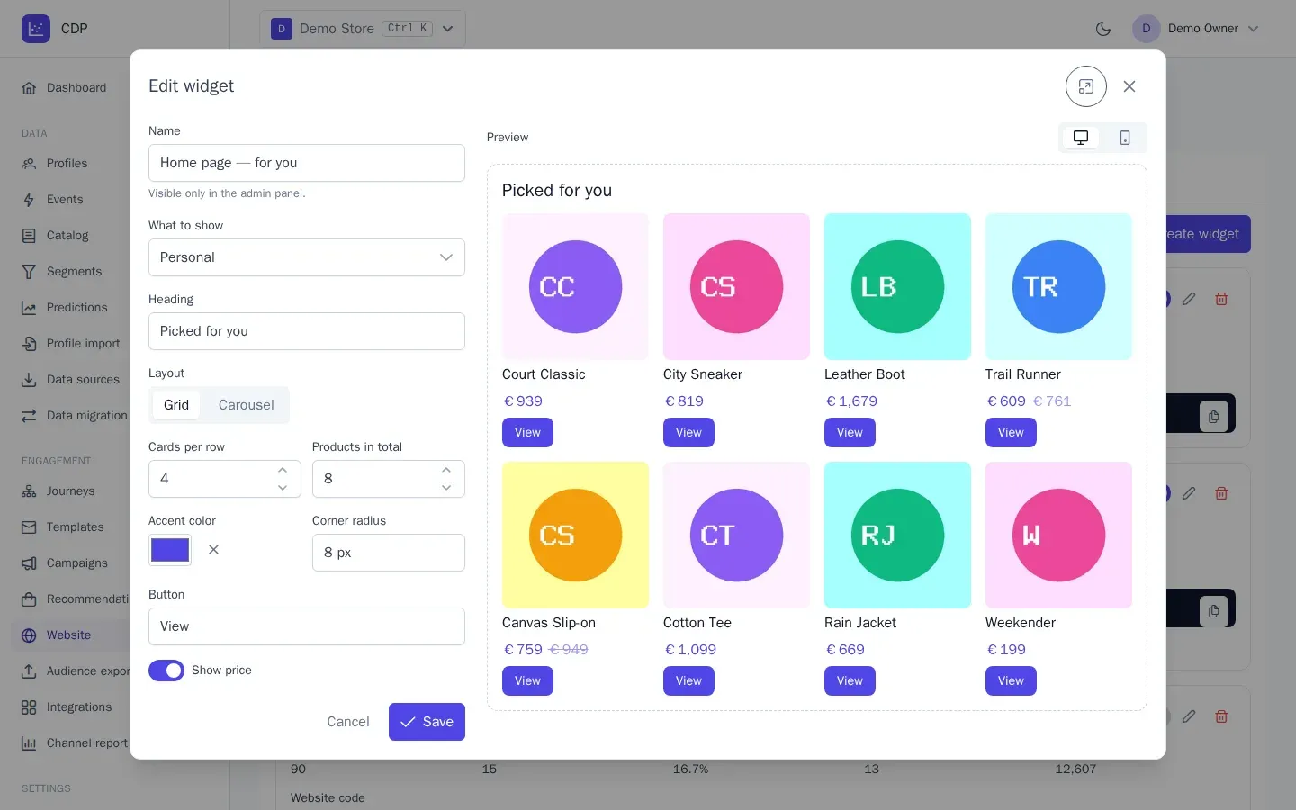 Website widgets without development